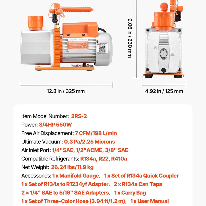 VEVOR AC vakuuma sūkņa un manometru komplekts 198 l/min, divpakāpju rotācijas lāpstiņu HVAC vakuuma sūknis ar A/C manometru kolektoru, noplūžu detektoru un pārnēsāšanas somu, paredzēts R134a / R22 / R410a auto un HVAC gaisa kondicionēšanas sistēmām