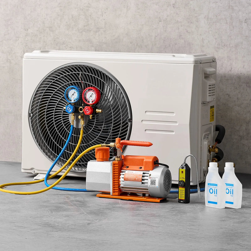 VEVOR AC vakuuma sūkņa un manometru komplekts 198 l/min, divpakāpju rotācijas lāpstiņu HVAC vakuuma sūknis ar A/C manometru kolektoru, noplūžu detektoru un pārnēsāšanas somu, paredzēts R134a / R22 / R410a auto un HVAC gaisa kondicionēšanas sistēmām