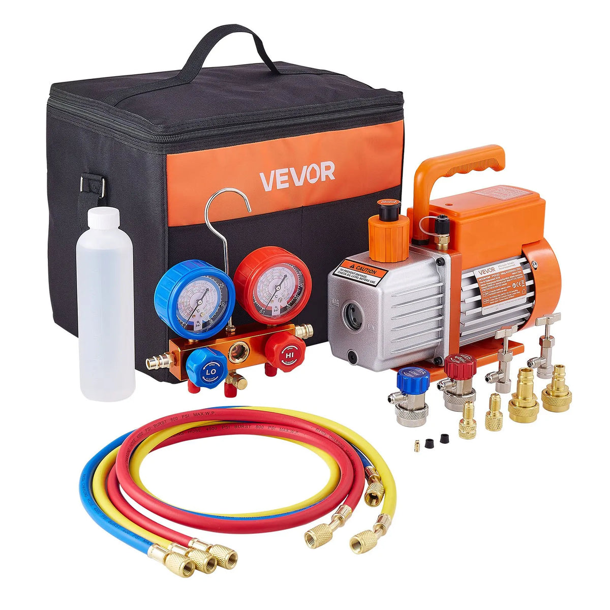 VEVOR Vacuum Pump 115 l/min with Gauge Kit, Single-Stage Rotary Vane HVAC Vacuum Pump with Refrigerant Manifold Gauges, Leak Detector and Carrying Bag for R134a, R22, R410a and R1234YF Systems