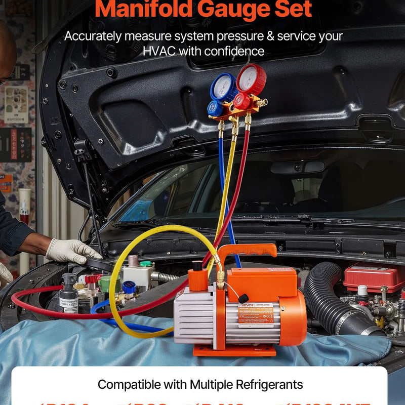 VEVOR vakuumsūknis 115 l/min ar manometru komplektu, vienpakāpes rotācijas lāpstiņu HVAC vakuumsūknis ar aukstumaģenta kolektora manometriem, noplūžu detektoru un pārnēsāšanas somu R134a, R22, R410a un R1234YF sistēmām