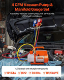 VEVOR vakuumsūknis 115 l/min ar manometru komplektu, vienpakāpes rotācijas lāpstiņu HVAC vakuumsūknis ar aukstumaģenta kolektora manometriem, noplūžu detektoru un pārnēsāšanas somu R134a, R22, R410a un R1234YF sistēmām