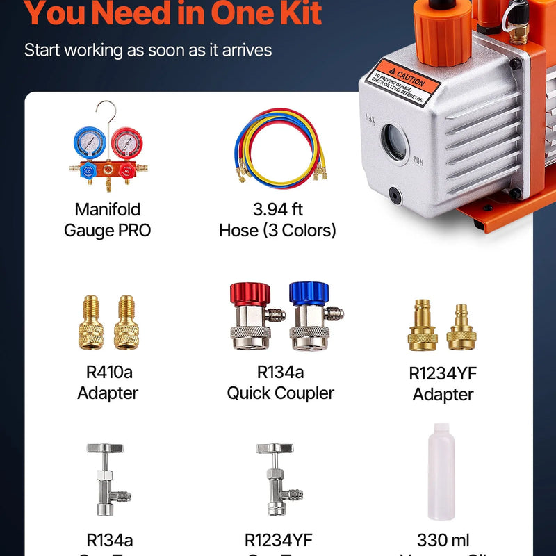 VEVOR vakuumsūknis 115 l/min ar manometru komplektu, vienpakāpes rotācijas lāpstiņu HVAC vakuumsūknis ar aukstumaģenta kolektora manometriem, noplūžu detektoru un pārnēsāšanas somu R134a, R22, R410a un R1234YF sistēmām