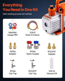 VEVOR vakuumsūknis 115 l/min ar manometru komplektu, vienpakāpes rotācijas lāpstiņu HVAC vakuumsūknis ar aukstumaģenta kolektora manometriem, noplūžu detektoru un pārnēsāšanas somu R134a, R22, R410a un R1234YF sistēmām