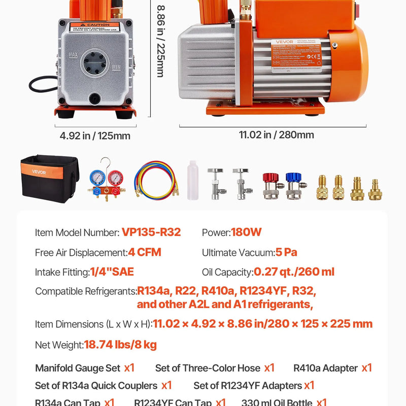 VEVOR vakuumsūknis 115 l/min ar manometru komplektu, vienpakāpes rotācijas lāpstiņu HVAC vakuumsūknis ar aukstumaģenta kolektora manometriem, noplūžu detektoru un pārnēsāšanas somu R134a, R22, R410a un R1234YF sistēmām