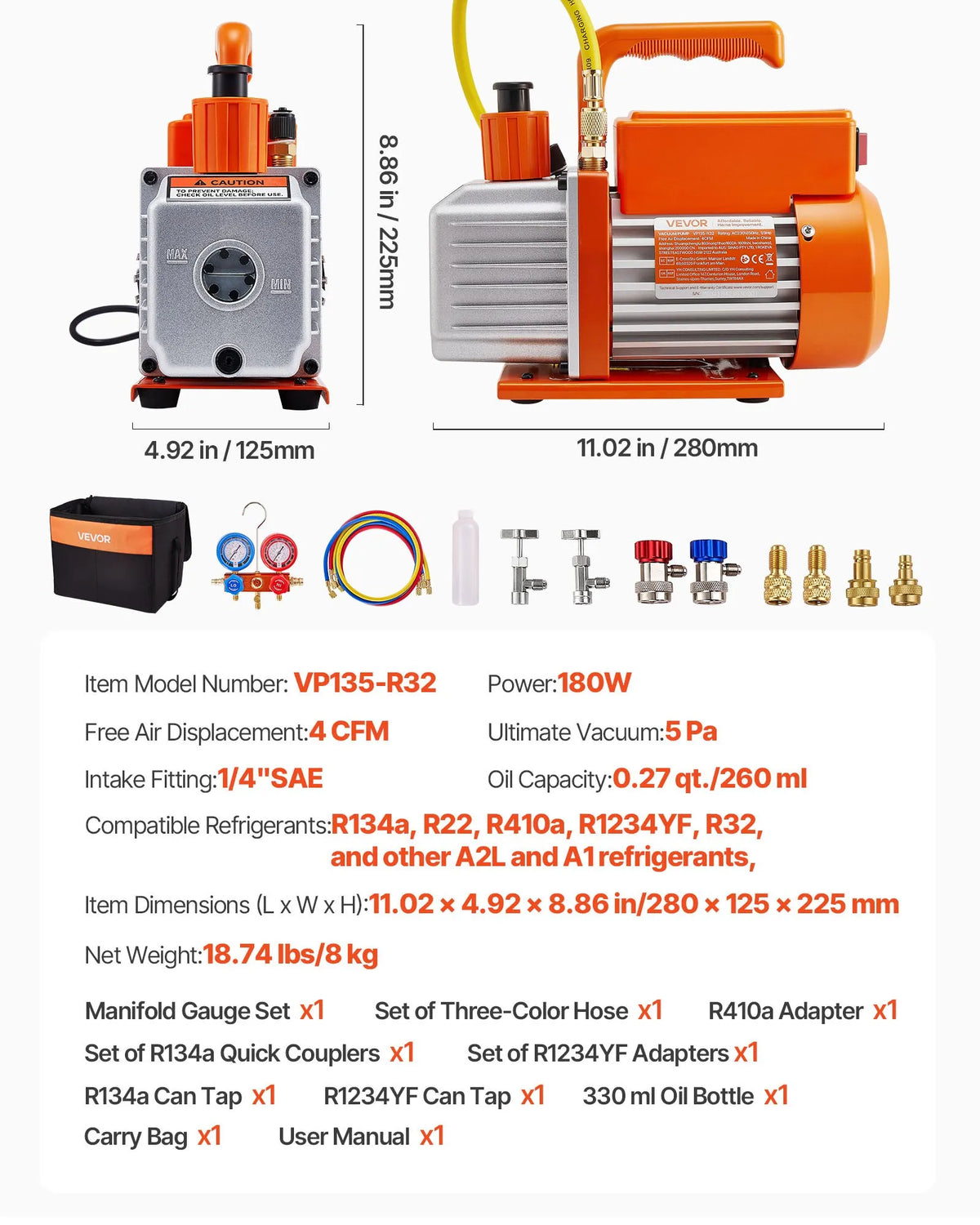 VEVOR Vacuum Pump 115 l/min with Gauge Kit, Single-Stage Rotary Vane HVAC Vacuum Pump with Refrigerant Manifold Gauges, Leak Detector and Carrying Bag for R134a, R22, R410a and R1234YF Systems