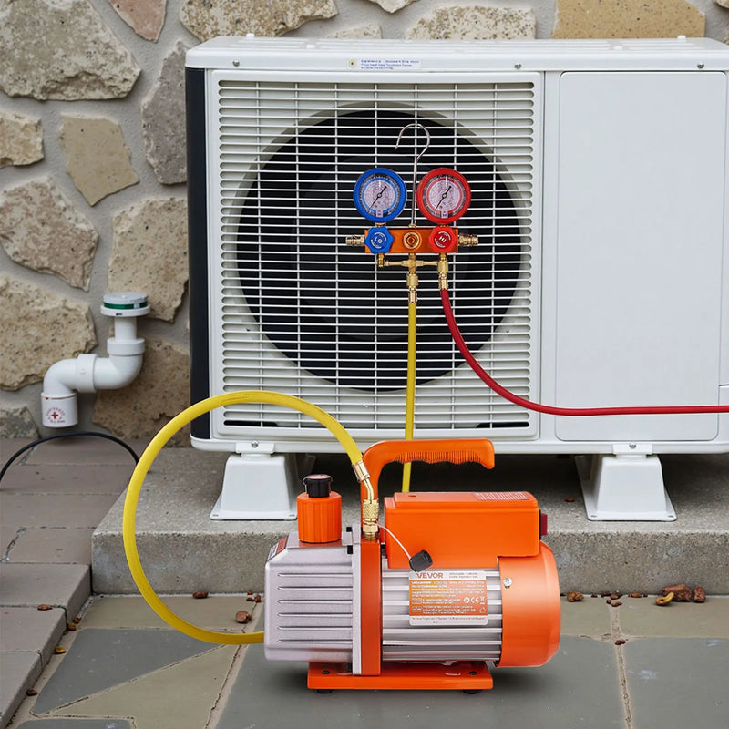 VEVOR vakuumsūknis 115 l/min ar manometru komplektu, vienpakāpes rotācijas lāpstiņu HVAC vakuumsūknis ar aukstumaģenta kolektora manometriem, noplūžu detektoru un pārnēsāšanas somu R134a, R22, R410a un R1234YF sistēmām