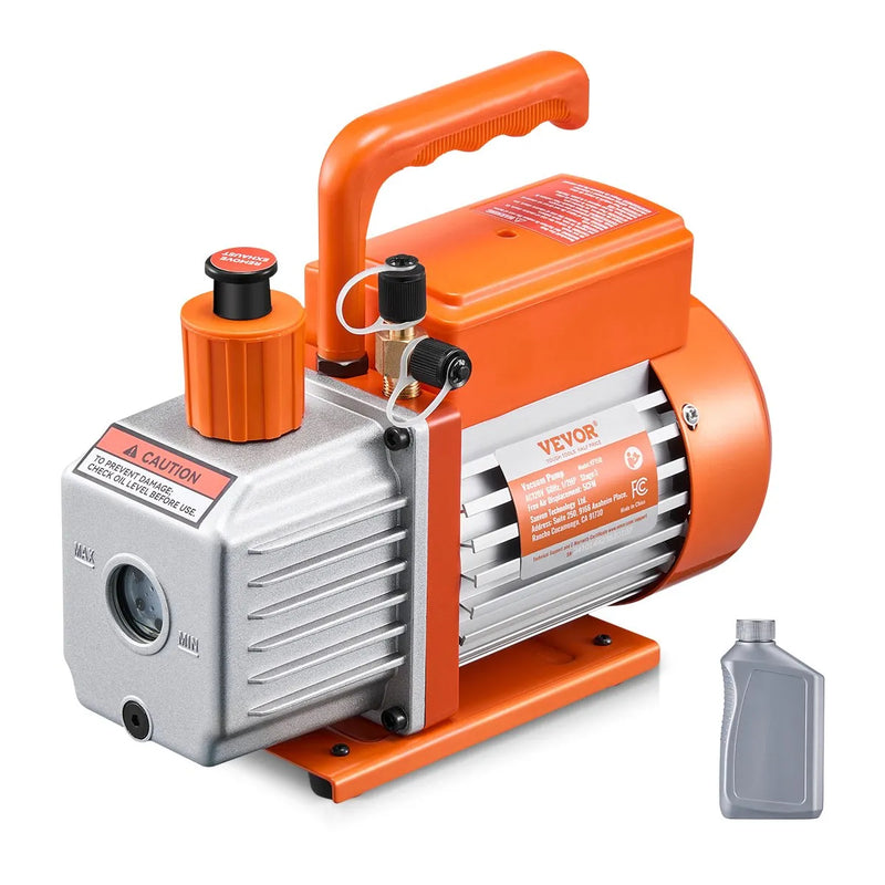 VEVOR vakuuma sūknis 300 l/min, vienpakāpes rotācijas lāpstiņu HVAC vakuuma sūknis R134a / R22 / R410a sistēmām, komplekts ar eļļas pudeli, paredzēts automobiļu kondicionieru apkopei un sveķu degazēšanai