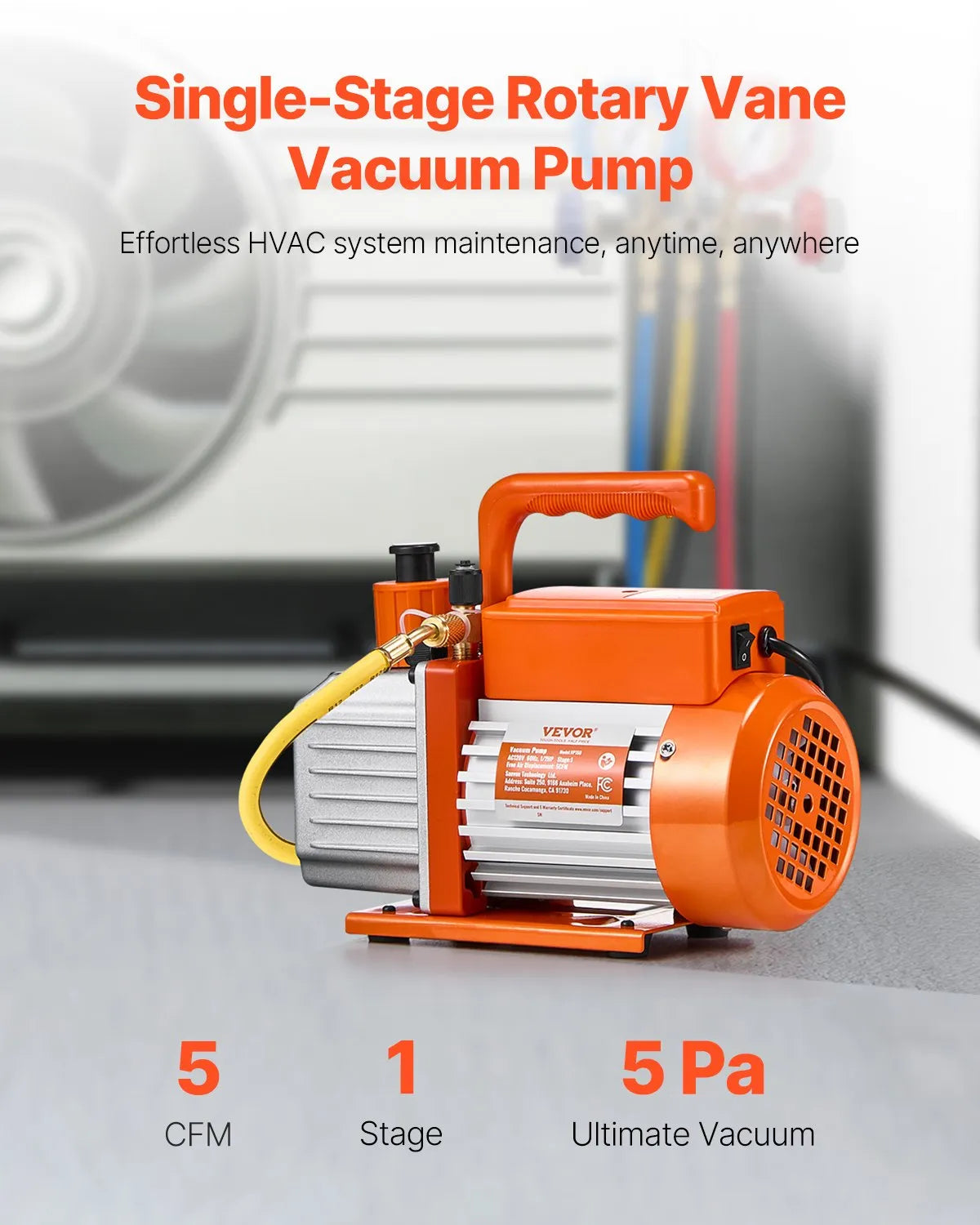 VEVOR Vacuum Pump 300 l/min, Single-Stage Rotary Vane HVAC Vacuum Pump for R134a / R22 / R410a Systems, Kit with Oil Bottle, for Car Air Conditioning Maintenance and Resin Degassing