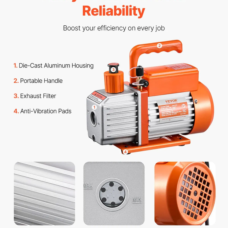 VEVOR vakuuma sūknis 300 l/min, vienpakāpes rotācijas lāpstiņu HVAC vakuuma sūknis R134a / R22 / R410a sistēmām, komplekts ar eļļas pudeli, paredzēts automobiļu kondicionieru apkopei un sveķu degazēšanai