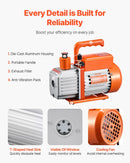 VEVOR vakuuma sūknis 300 l/min, vienpakāpes rotācijas lāpstiņu HVAC vakuuma sūknis R134a / R22 / R410a sistēmām, komplekts ar eļļas pudeli, paredzēts automobiļu kondicionieru apkopei un sveķu degazēšanai