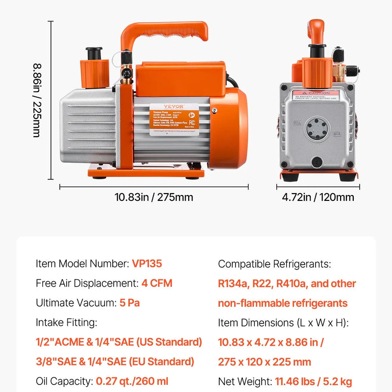 VEVOR vakuuma sūknis 233 l/min, vienpakāpes rotācijas lāpstiņu HVAC vakuuma sūknis R134a / R22 / R410a sistēmām, komplekts ar eļļas pudeli, paredzēts automobiļu gaisa kondicionieru apkopei un sveķu degazēšanai