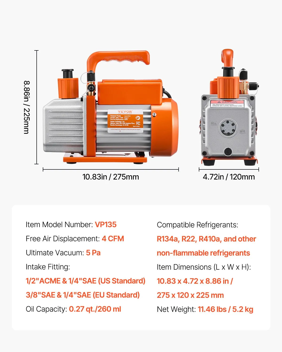 VEVOR Vacuum Pump 233 l/min, Single-Stage Rotary Vane HVAC Vacuum Pump for R134a / R22 / R410a Systems, Kit with Oil Bottle, for Car Air Conditioning Maintenance and Resin Degassing