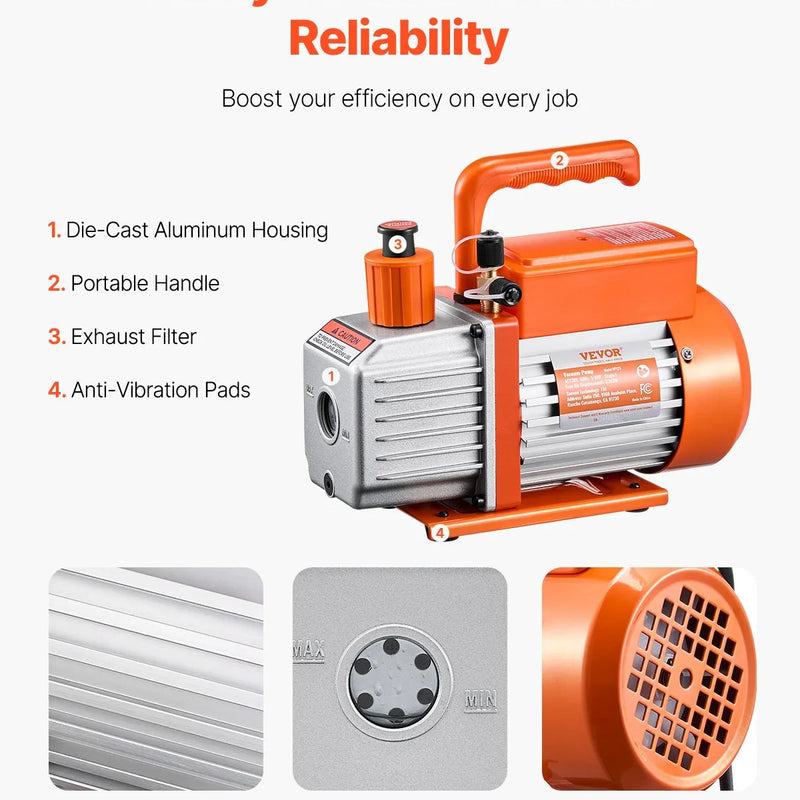 VEVOR vakuuma sūknis 217 l/min, vienpakāpes rotācijas lāpstiņu HVAC vakuuma sūknis R134a / R22 / R410a sistēmām, komplekts ar eļļas pudeli, paredzēts automobiļu gaisa kondicionieru apkopei un sveķu degazēšanai