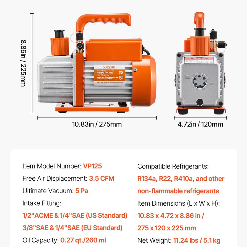 VEVOR vakuuma sūknis 217 l/min, vienpakāpes rotācijas lāpstiņu HVAC vakuuma sūknis R134a / R22 / R410a sistēmām, komplekts ar eļļas pudeli, paredzēts automobiļu gaisa kondicionieru apkopei un sveķu degazēšanai