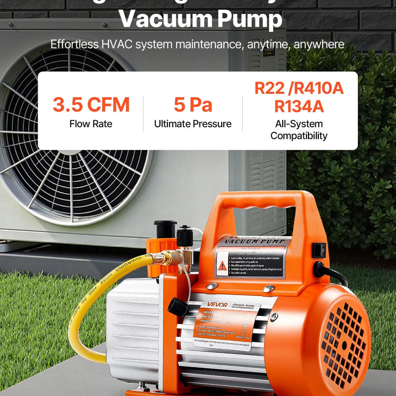VEVOR vakuuma sūknis 100 l/min, vienpakāpes rotācijas lāpstiņu HVAC AC vakuuma sūknis ar 4 polu motoru, 5 Pa galējais vakuums, paredzēts R134a / R22 / R410a sistēmām, komplekts ar eļļas pudeli, automobiļu kondicionieru apkopei un sveķu degazēšanai