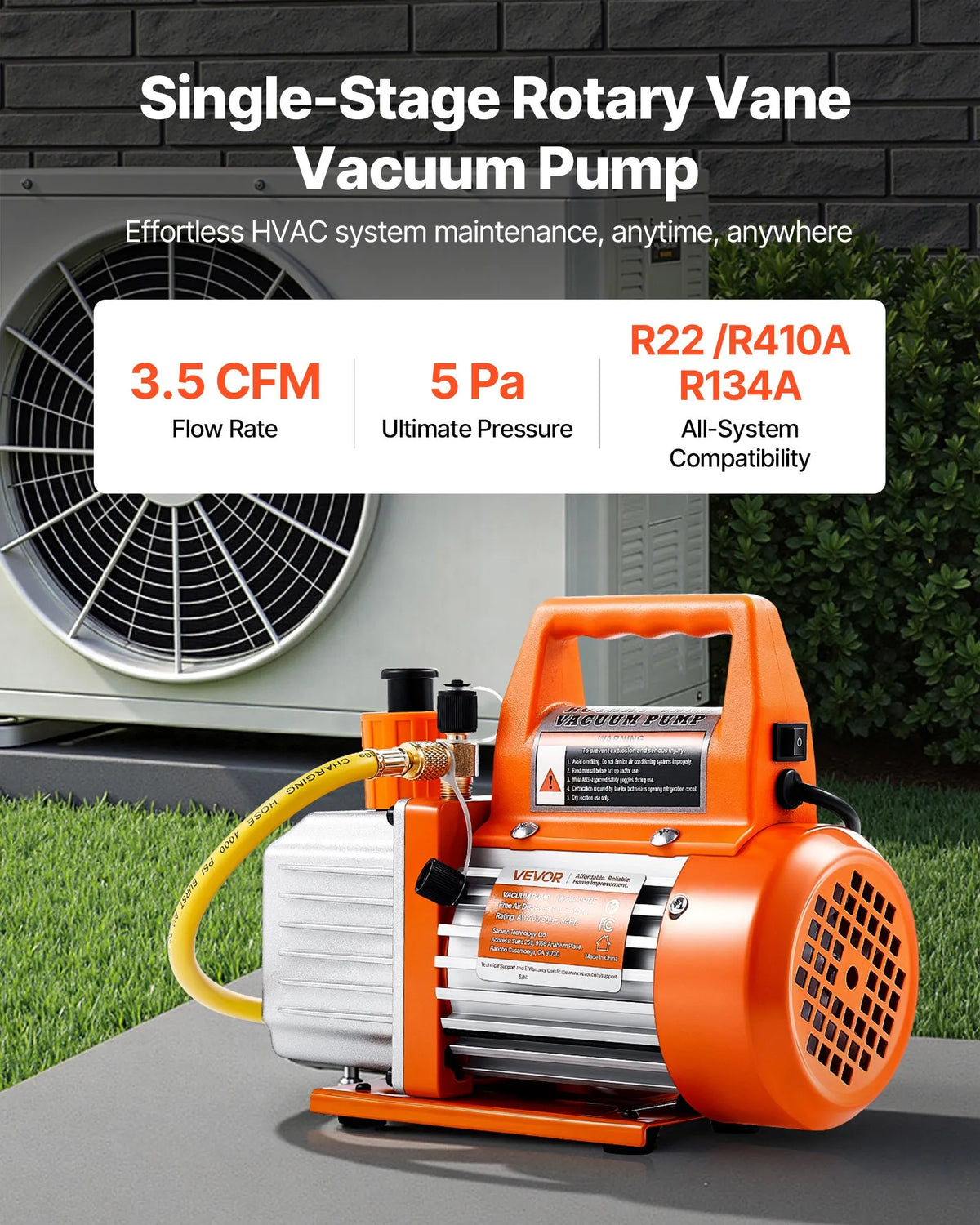 VEVOR Vacuum Pump 100 l/min, Single-Stage Rotary Vane HVAC AC Vacuum Pump with 4-Pole Motor, 5 Pa Ultimate Vacuum, for R134a / R22 / R410a Systems, Includes Oil Bottle, for Car Air Conditioning Maintenance and Resin Degassing