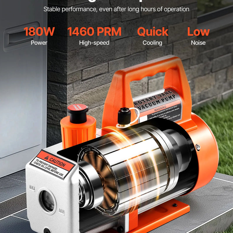 VEVOR vakuuma sūknis 100 l/min, vienpakāpes rotācijas lāpstiņu HVAC AC vakuuma sūknis ar 4 polu motoru, 5 Pa galējais vakuums, paredzēts R134a / R22 / R410a sistēmām, komplekts ar eļļas pudeli, automobiļu kondicionieru apkopei un sveķu degazēšanai