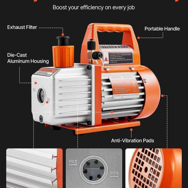 VEVOR vakuuma sūknis 100 l/min, vienpakāpes rotācijas lāpstiņu HVAC AC vakuuma sūknis ar 4 polu motoru, 5 Pa galējais vakuums, paredzēts R134a / R22 / R410a sistēmām, komplekts ar eļļas pudeli, automobiļu kondicionieru apkopei un sveķu degazēšanai