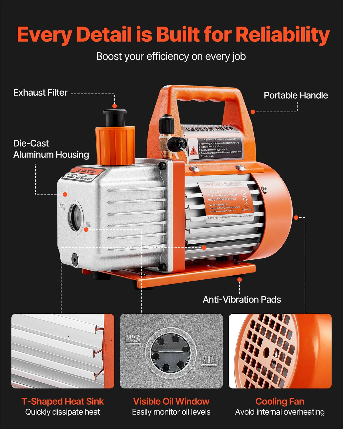 VEVOR Vacuum Pump 100 l/min, Single-Stage Rotary Vane HVAC AC Vacuum Pump with 4-Pole Motor, 5 Pa Ultimate Vacuum, for R134a / R22 / R410a Systems, Includes Oil Bottle, for Car Air Conditioning Maintenance and Resin Degassing