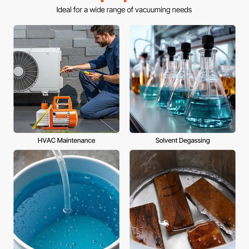 VEVOR vakuuma sūknis 100 l/min, vienpakāpes rotācijas lāpstiņu HVAC AC vakuuma sūknis ar 4 polu motoru, 5 Pa galējais vakuums, paredzēts R134a / R22 / R410a sistēmām, komplekts ar eļļas pudeli, automobiļu kondicionieru apkopei un sveķu degazēšanai