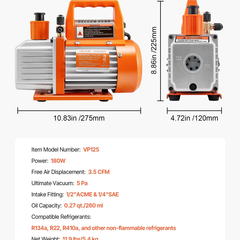 VEVOR vakuuma sūknis 100 l/min, vienpakāpes rotācijas lāpstiņu HVAC AC vakuuma sūknis ar 4 polu motoru, 5 Pa galējais vakuums, paredzēts R134a / R22 / R410a sistēmām, komplekts ar eļļas pudeli, automobiļu kondicionieru apkopei un sveķu degazēšanai