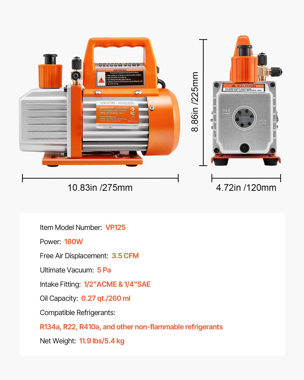 VEVOR Vacuum Pump 100 l/min, Single-Stage Rotary Vane HVAC AC Vacuum Pump with 4-Pole Motor, 5 Pa Ultimate Vacuum, for R134a / R22 / R410a Systems, Includes Oil Bottle, for Car Air Conditioning Maintenance and Resin Degassing