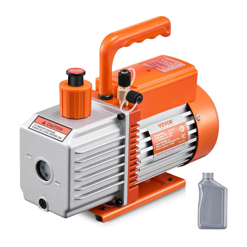 VEVOR vakuumsūknis 367 l/min (6 CFM), divpakāpju rotācijas lāpstiņu HVAC vakuumsūknis automobiļu gaisa kondicionēšanas sistēmām, piemērots R134a, R22 un R410a, komplekts ar eļļas pudeli kondicionieru apkopei un sveķu degazēšanai