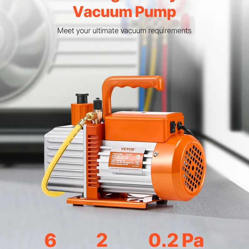 VEVOR vakuumsūknis 367 l/min (6 CFM), divpakāpju rotācijas lāpstiņu HVAC vakuumsūknis automobiļu gaisa kondicionēšanas sistēmām, piemērots R134a, R22 un R410a, komplekts ar eļļas pudeli kondicionieru apkopei un sveķu degazēšanai