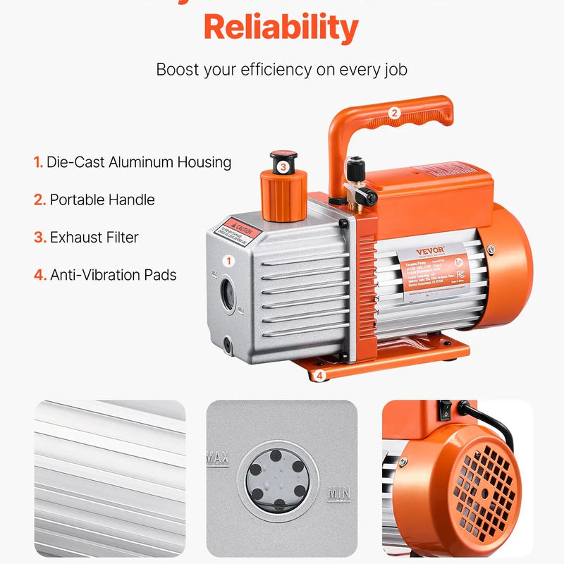 VEVOR vakuumsūknis 367 l/min (6 CFM), divpakāpju rotācijas lāpstiņu HVAC vakuumsūknis automobiļu gaisa kondicionēšanas sistēmām, piemērots R134a, R22 un R410a, komplekts ar eļļas pudeli kondicionieru apkopei un sveķu degazēšanai