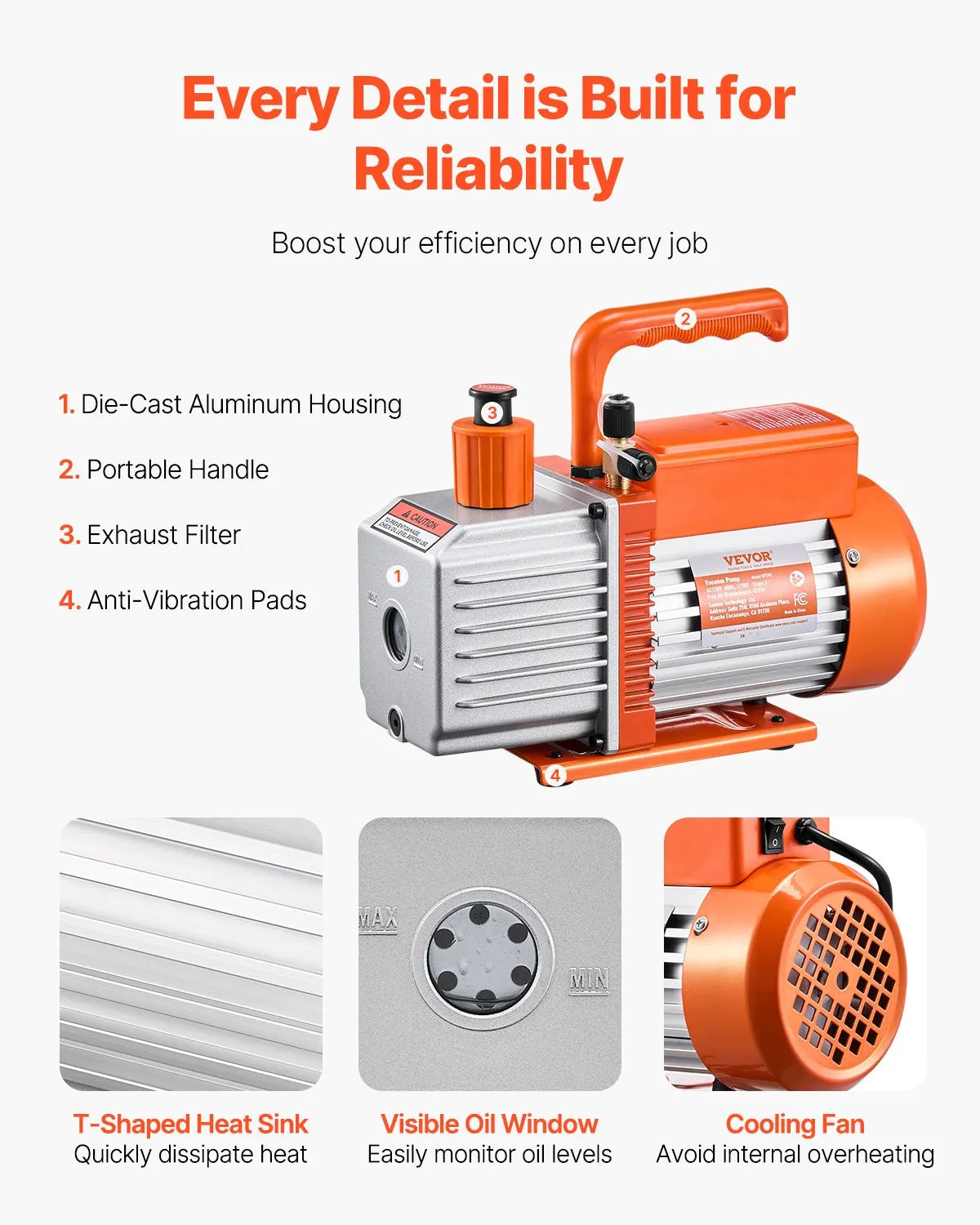VEVOR Vacuum Pump 367 l/min (6 CFM), Two-Stage Rotary Vane HVAC Vacuum Pump for Car Air Conditioning Systems, Suitable for R134a, R22 and R410a, Kit with Oil Bottle for Air Conditioning Maintenance and Resin Degassing
