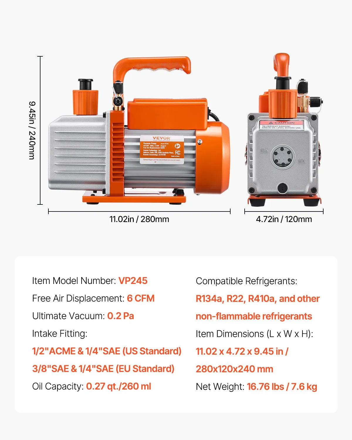 VEVOR Vacuum Pump 367 l/min (6 CFM), Two-Stage Rotary Vane HVAC Vacuum Pump for Car Air Conditioning Systems, Suitable for R134a, R22 and R410a, Kit with Oil Bottle for Air Conditioning Maintenance and Resin Degassing