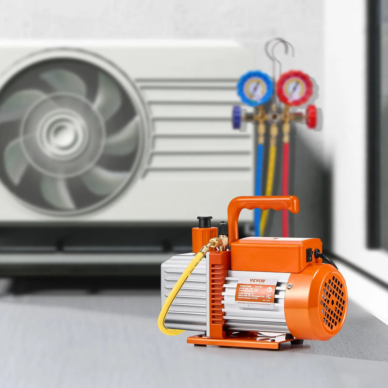VEVOR vakuumsūknis 367 l/min (6 CFM), divpakāpju rotācijas lāpstiņu HVAC vakuumsūknis automobiļu gaisa kondicionēšanas sistēmām, piemērots R134a, R22 un R410a, komplekts ar eļļas pudeli kondicionieru apkopei un sveķu degazēšanai