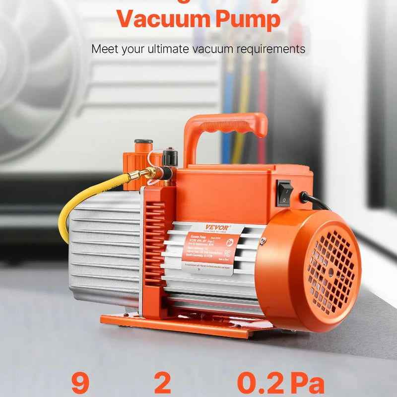 VEVOR vakuumsūknis 533 l/min, divpakāpju rotācijas lāpstiņu HVAC vakuumsūknis R134a, R22 un R410a sistēmām, automobiļu gaisa kondicionēšanas apkopei un sveķu degazēšanai ar eļļas pudeli