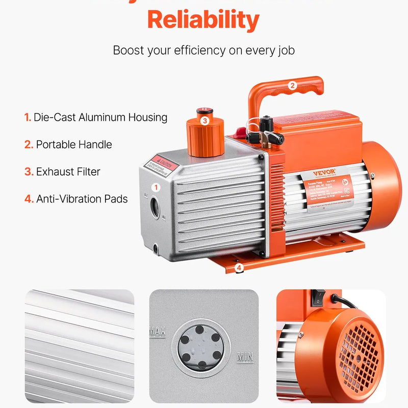 VEVOR vakuumsūknis 533 l/min, divpakāpju rotācijas lāpstiņu HVAC vakuumsūknis R134a, R22 un R410a sistēmām, automobiļu gaisa kondicionēšanas apkopei un sveķu degazēšanai ar eļļas pudeli