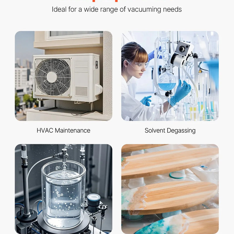 VEVOR vakuumsūknis 533 l/min, divpakāpju rotācijas lāpstiņu HVAC vakuumsūknis R134a, R22 un R410a sistēmām, automobiļu gaisa kondicionēšanas apkopei un sveķu degazēšanai ar eļļas pudeli