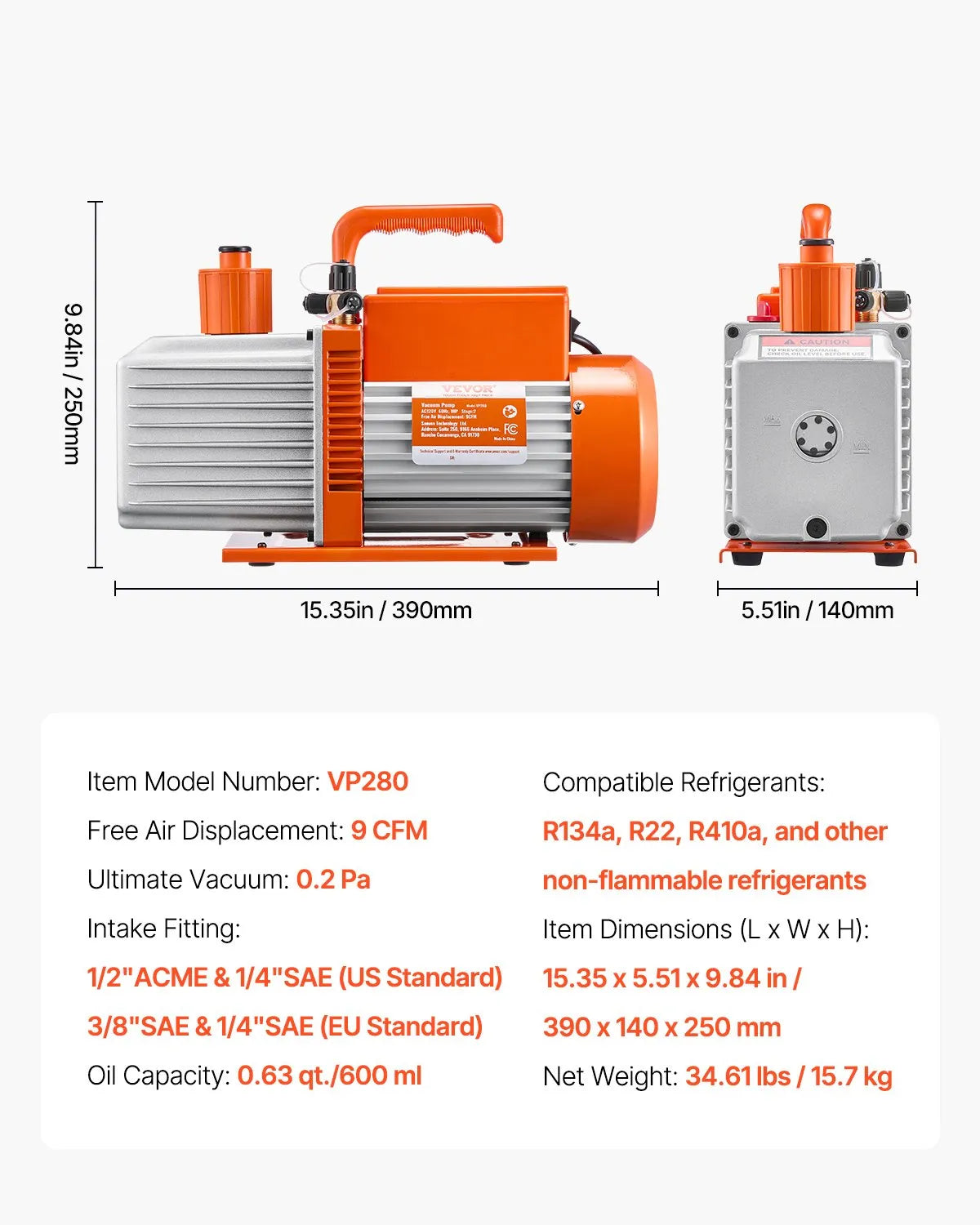 VEVOR Vacuum Pump 533 l/min, Two-Stage Rotary Vane HVAC Vacuum Pump for R134a, R22 and R410a Systems, Car Air Conditioning Maintenance and Resin Degassing with Oil Bottle
