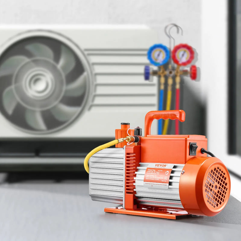 VEVOR vakuumsūknis 533 l/min, divpakāpju rotācijas lāpstiņu HVAC vakuumsūknis R134a, R22 un R410a sistēmām, automobiļu gaisa kondicionēšanas apkopei un sveķu degazēšanai ar eļļas pudeli