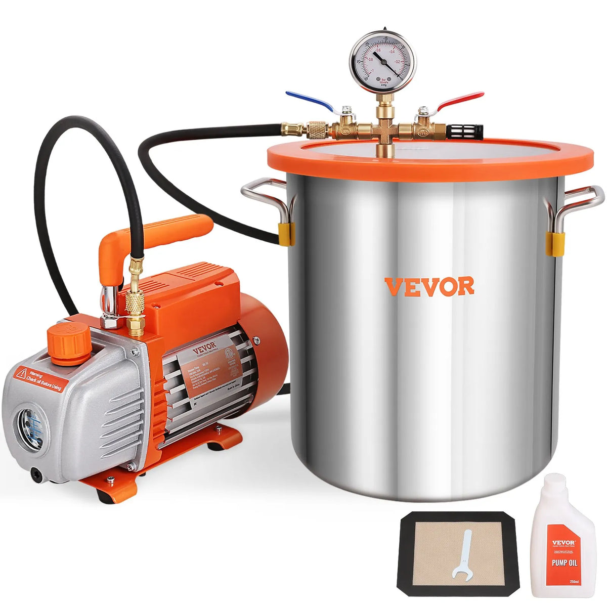 VEVOR Vacuum Chamber 18.9 L with Single-Stage Vacuum Pump 99 L/min, Tempered Glass Lid, Includes 250 ml Oil Bottle, for Wood Stabilisation, Silicone and Epoxy Degassing
