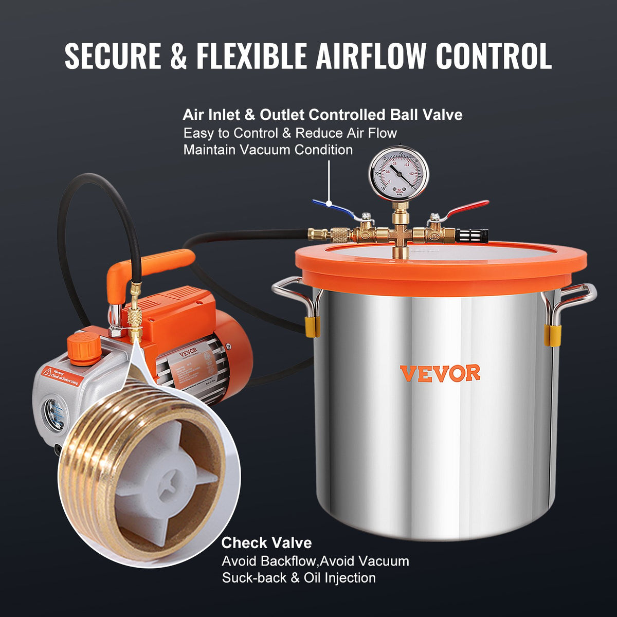 VEVOR Vacuum Chamber 18.9 L with Single-Stage Vacuum Pump 99 L/min, Tempered Glass Lid, Includes 250 ml Oil Bottle, for Wood Stabilisation, Silicone and Epoxy Degassing