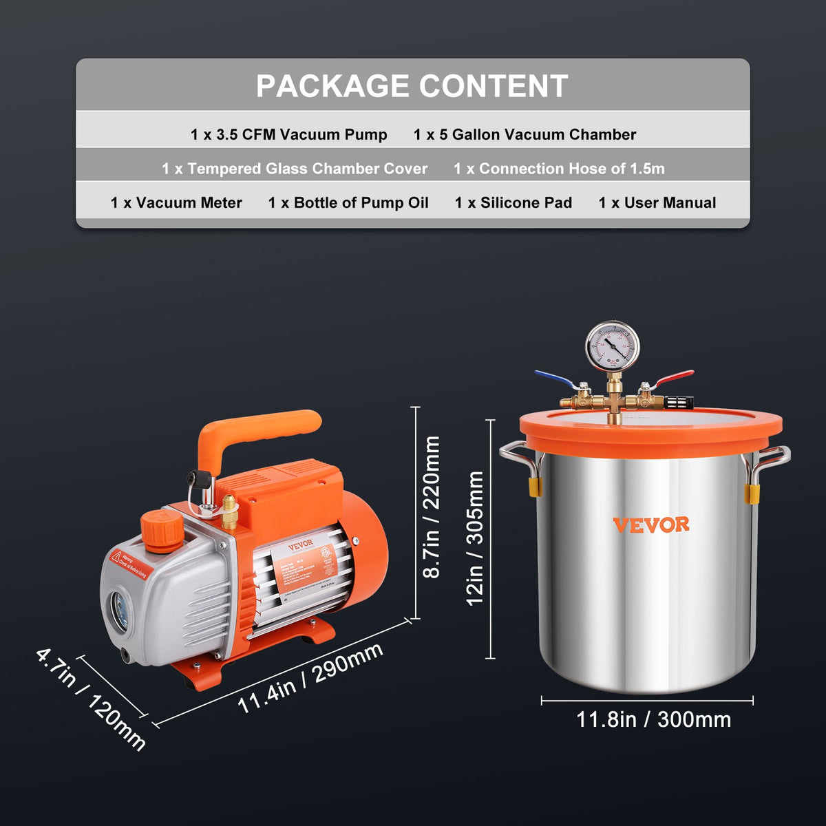 VEVOR Vacuum Chamber 18.9 L with Single-Stage Vacuum Pump 99 L/min, Tempered Glass Lid, Includes 250 ml Oil Bottle, for Wood Stabilisation, Silicone and Epoxy Degassing