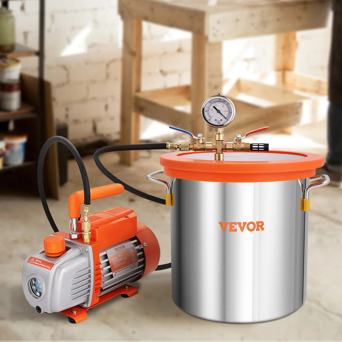 VEVOR Vacuum Chamber 18.9 L with Single-Stage Vacuum Pump 99 L/min, Tempered Glass Lid, Includes 250 ml Oil Bottle, for Wood Stabilisation, Silicone and Epoxy Degassing