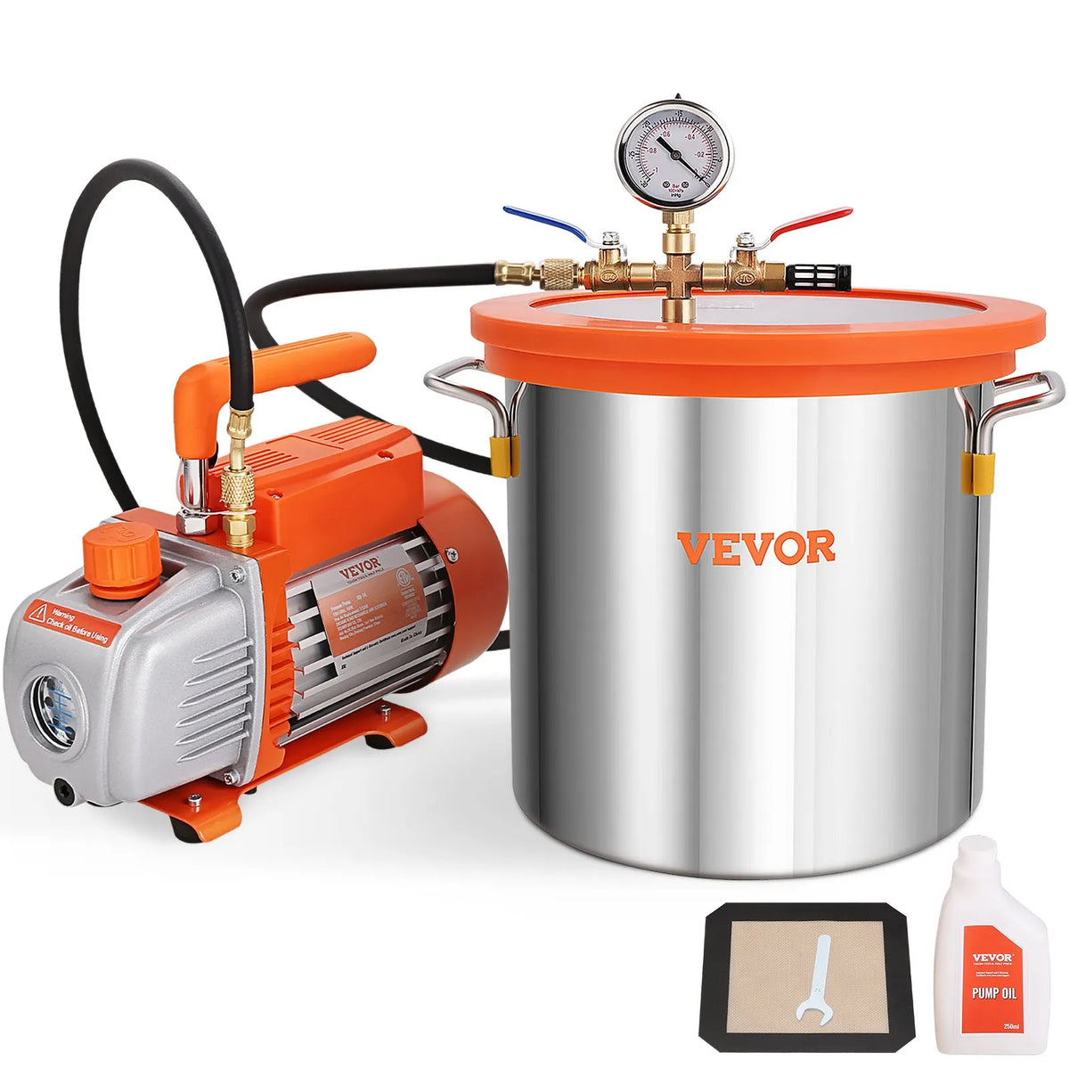 VEVOR Vacuum Chamber 11.4 L with Single-Stage Vacuum Pump 99 L/min, Tempered Glass Lid, Includes 250 ml Oil Bottle, for Wood Stabilisation and Silicone and Epoxy Degassing