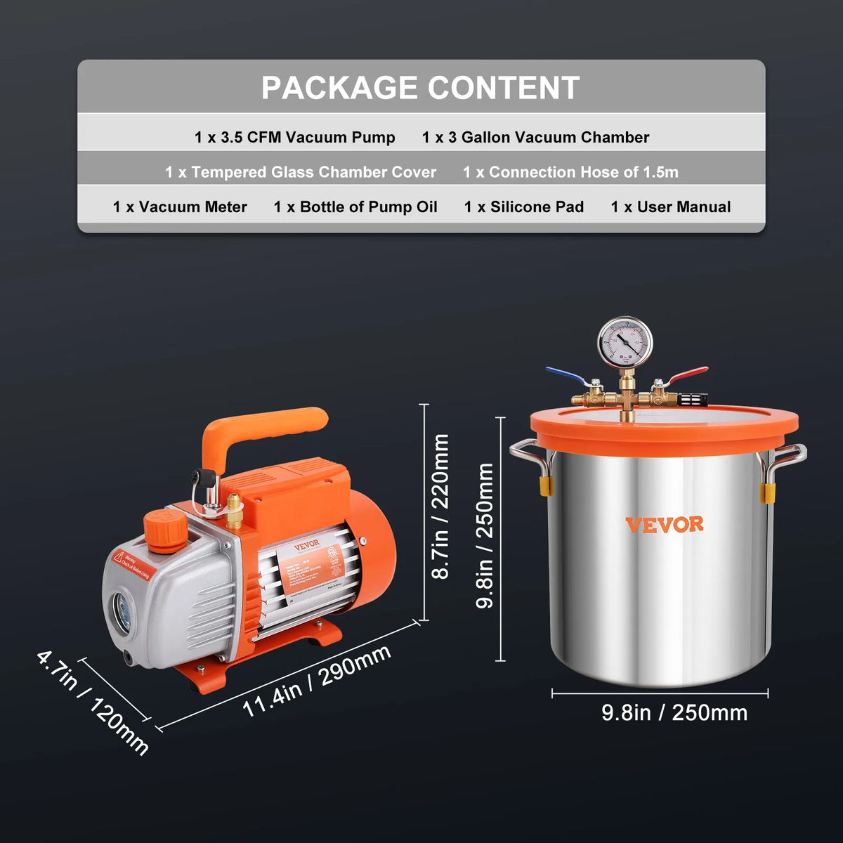 VEVOR Vacuum Chamber 11.4 L with Single-Stage Vacuum Pump 99 L/min, Tempered Glass Lid, Includes 250 ml Oil Bottle, for Wood Stabilisation and Silicone and Epoxy Degassing