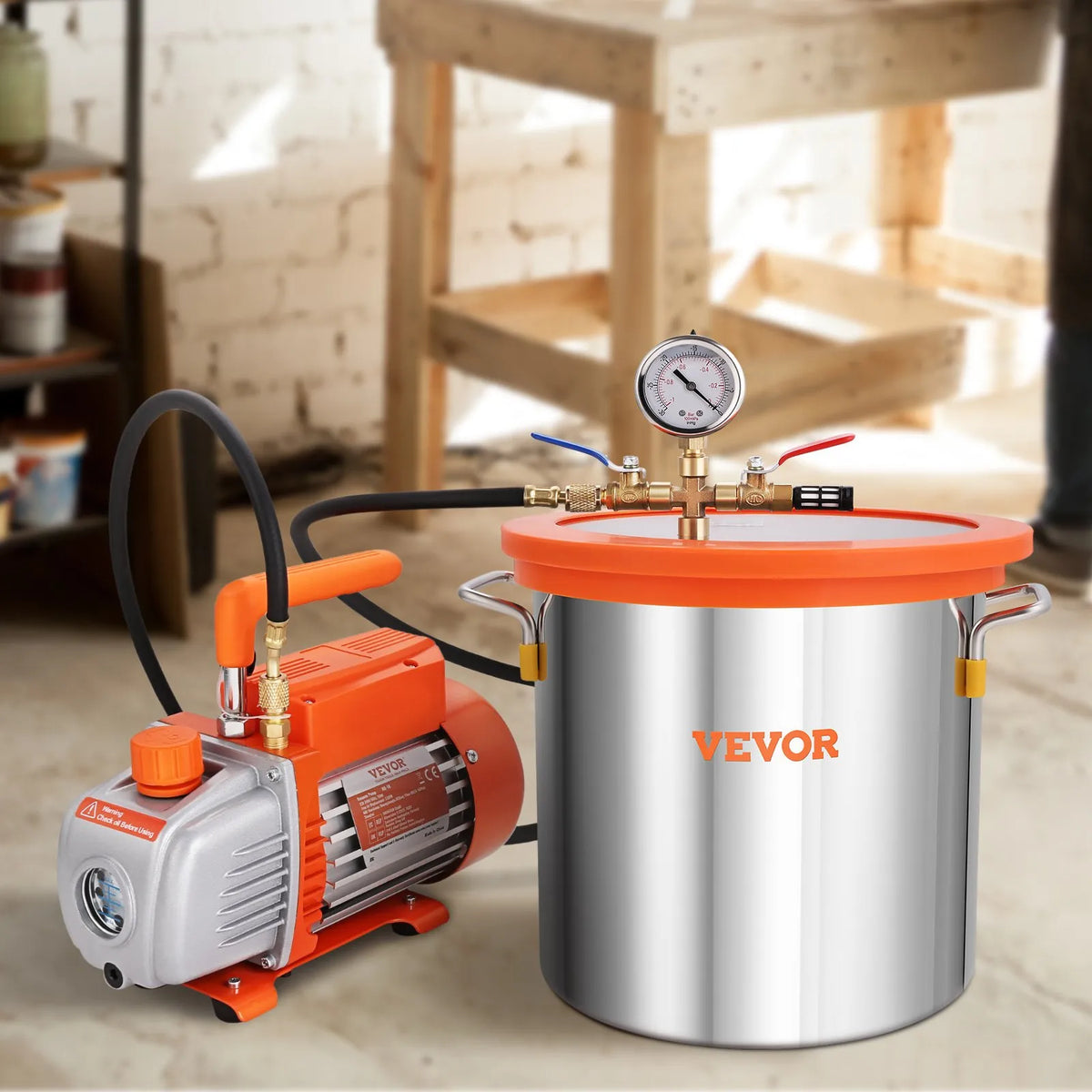 VEVOR Vacuum Chamber 11.4 L with Single-Stage Vacuum Pump 99 L/min, Tempered Glass Lid, Includes 250 ml Oil Bottle, for Wood Stabilisation and Silicone and Epoxy Degassing
