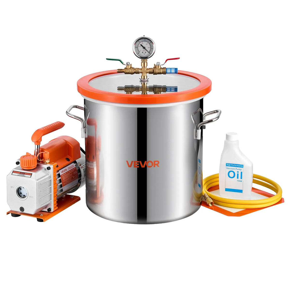 VEVOR 18.93 L Vacuum Chamber with Vacuum Pump, Single-Stage Vacuum Pump 99 L/min, Stainless Steel Degassing Chamber Kit with Tempered Glass Lid and 1.5 m Hose, for Wood Stabilisation and Silicone Resin Degassing
