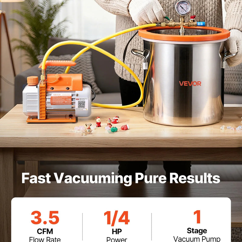 VEVOR 18,93 l vakuuma kamera ar vakuuma sūkni, vienpakāpes vakuuma sūknis 99 l/min, nerūsējošā tērauda degazēšanas kameras komplekts ar rūdīta stikla vāku un 1,5 m šļūteni, paredzēts koksnes stabilizēšanai un silikona sveķu degazēšanai