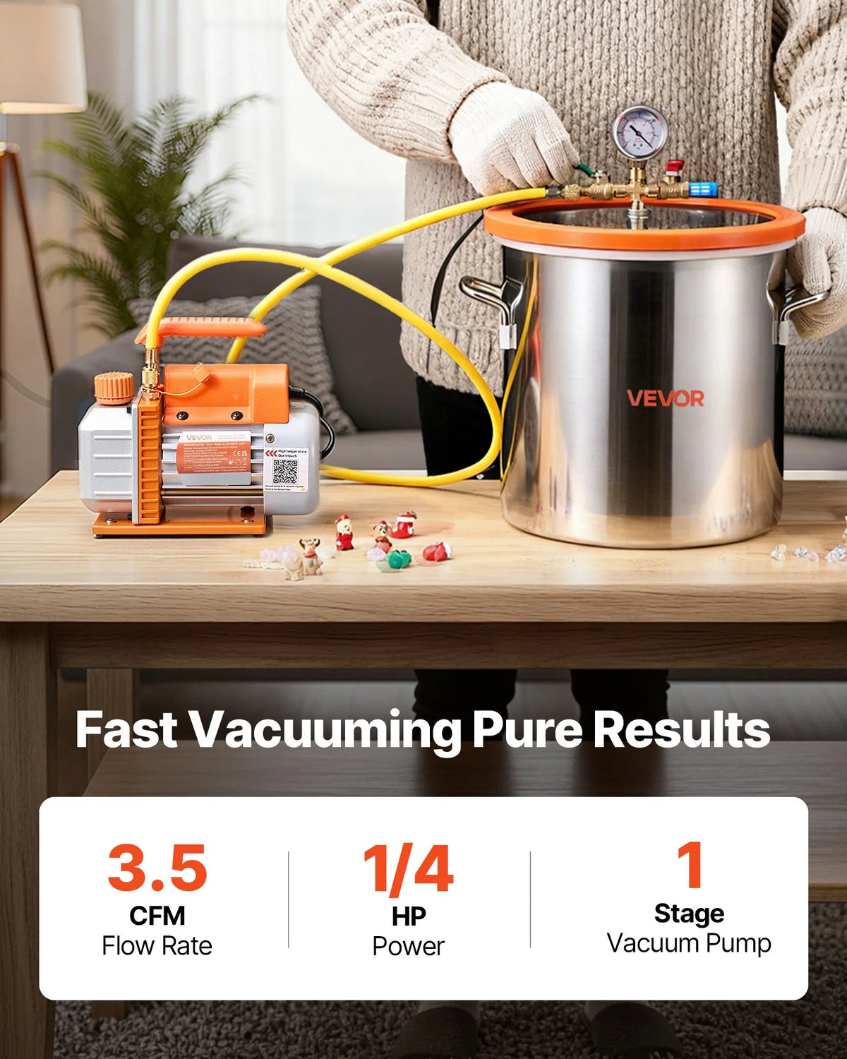 VEVOR 18.93 L Vacuum Chamber with Vacuum Pump, Single-Stage Vacuum Pump 99 L/min, Stainless Steel Degassing Chamber Kit with Tempered Glass Lid and 1.5 m Hose, for Wood Stabilisation and Silicone Resin Degassing