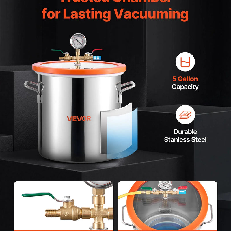 VEVOR 18,93 l vakuuma kamera ar vakuuma sūkni, vienpakāpes vakuuma sūknis 99 l/min, nerūsējošā tērauda degazēšanas kameras komplekts ar rūdīta stikla vāku un 1,5 m šļūteni, paredzēts koksnes stabilizēšanai un silikona sveķu degazēšanai