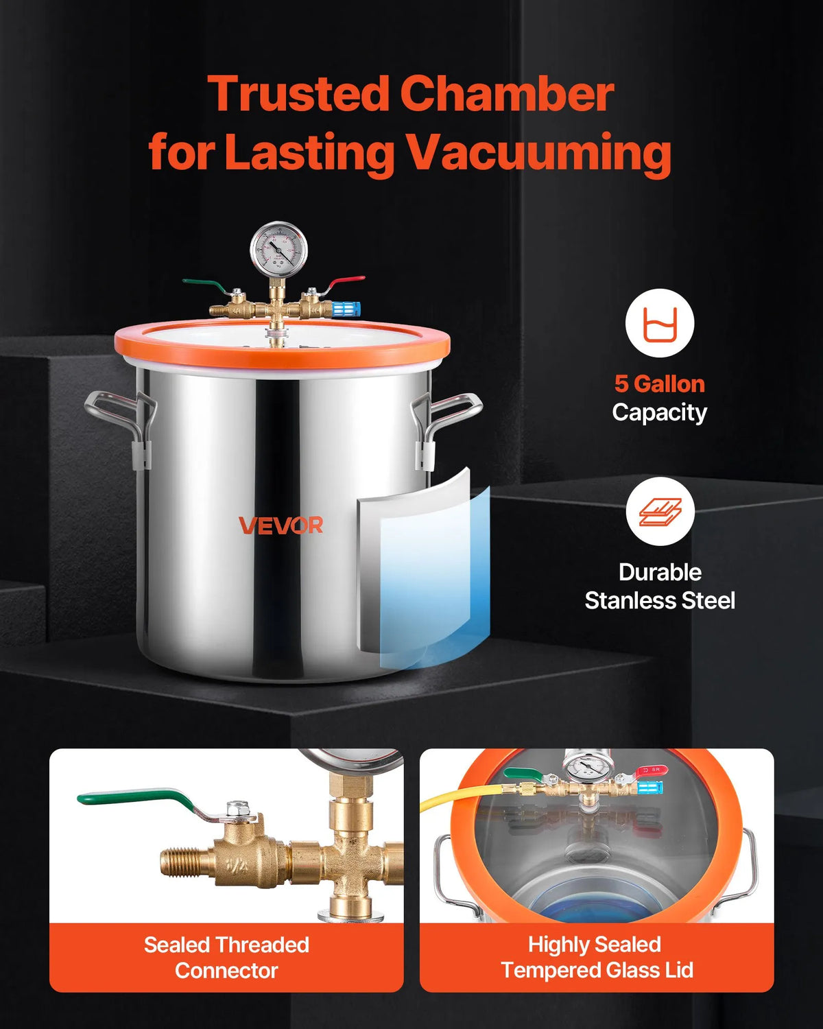 VEVOR 18.93 L Vacuum Chamber with Vacuum Pump, Single-Stage Vacuum Pump 99 L/min, Stainless Steel Degassing Chamber Kit with Tempered Glass Lid and 1.5 m Hose, for Wood Stabilisation and Silicone Resin Degassing