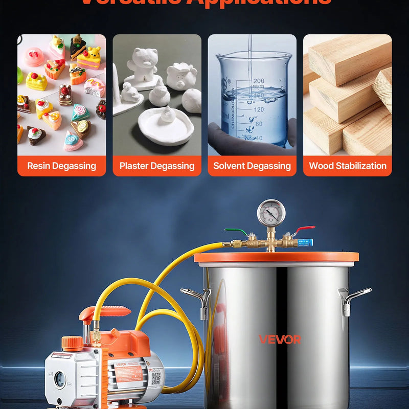 VEVOR 18,93 l vakuuma kamera ar vakuuma sūkni, vienpakāpes vakuuma sūknis 99 l/min, nerūsējošā tērauda degazēšanas kameras komplekts ar rūdīta stikla vāku un 1,5 m šļūteni, paredzēts koksnes stabilizēšanai un silikona sveķu degazēšanai